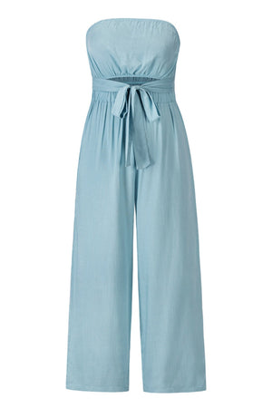 Light blue bandeau tie-waist wide-leg jumpsuit with cutout detail