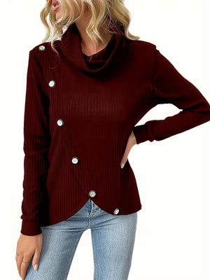 Burgundy ribbed turtleneck sweater with asymmetric button detail