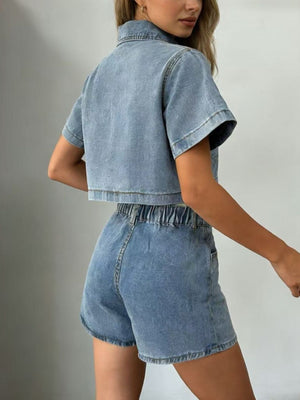 Cropped denim button-down top and mini skort set in light or medium cotton blend.