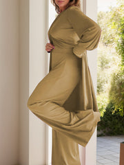 Camel draped overlay palazzo co-ord set with long sleeves and wide-leg pants.