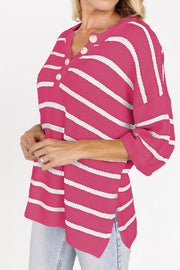 Hot Pink striped knit pullover sweater with button-down neckline and rolled sleeves.
