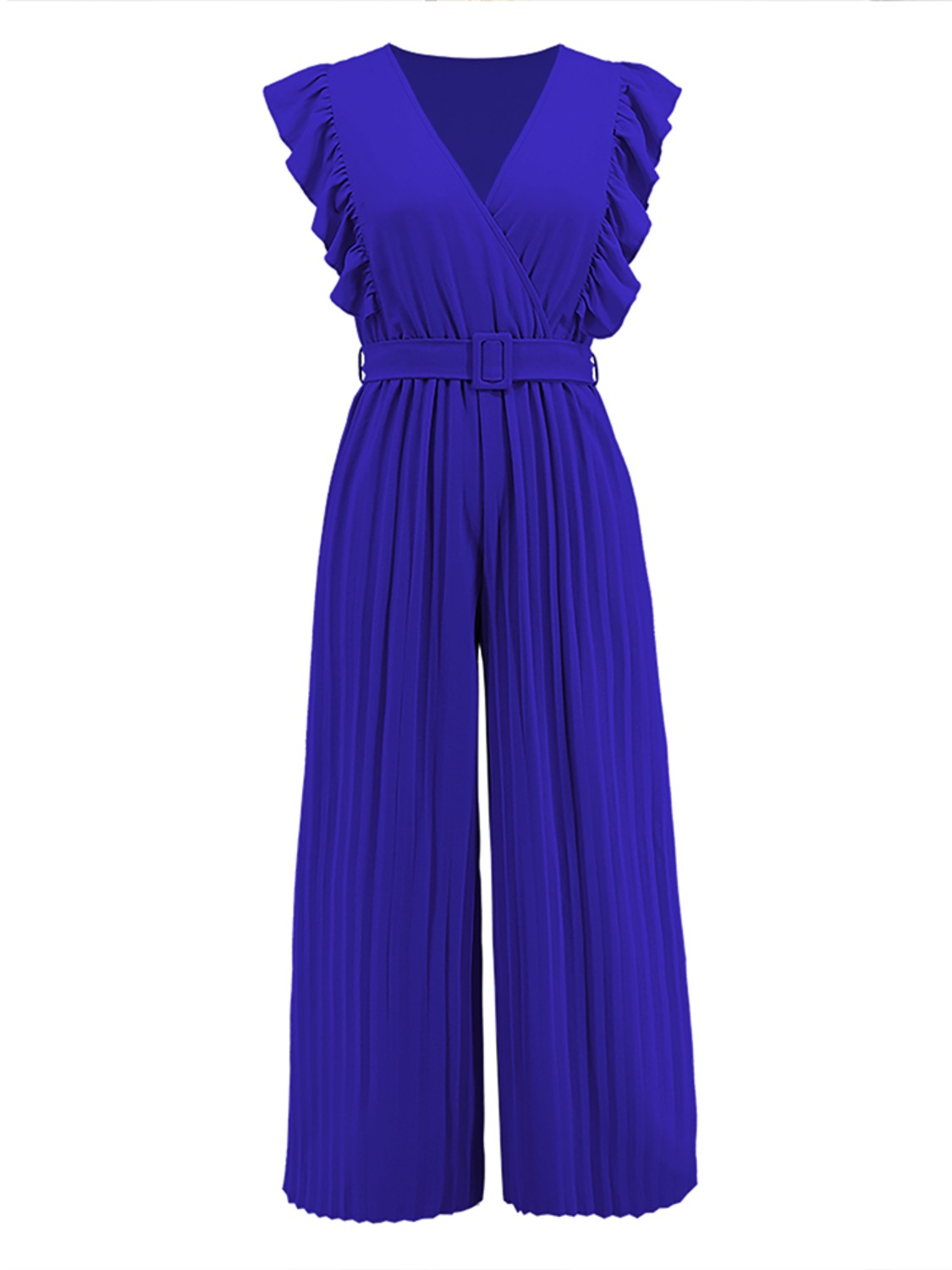 Royal blue pleated ruffle wrap jumpsuit with belt