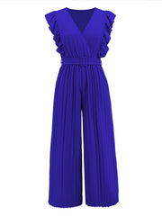 Royal blue pleated ruffle wrap jumpsuit with belt