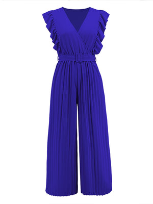 Royal blue pleated ruffle wrap jumpsuit with belt