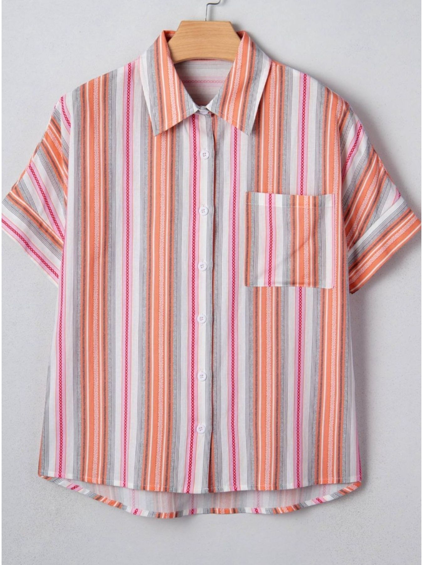 Classic button-down short-sleeve shirt with vertical stripes in orange, pink, gray, and white.