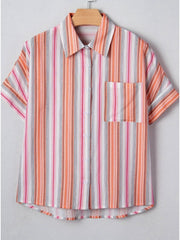Classic button-down short-sleeve shirt with vertical stripes in orange, pink, gray, and white.