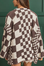 Chic checkered acrylic cardigan in tan with balloon sleeves and a relaxed fit.