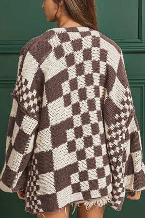 Chic checkered acrylic cardigan in tan with balloon sleeves and a relaxed fit.