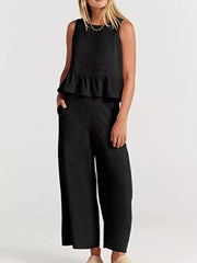 Ruffled Hem Sleeveless Top And Wide-leg Pants Set Plus Size in Black, editorial view