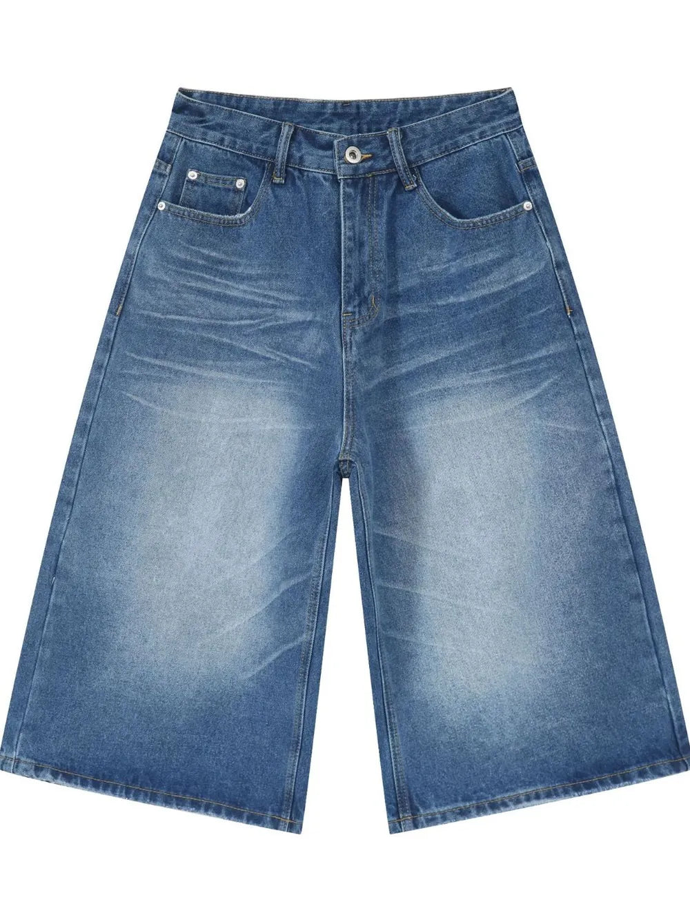 Wide-leg denim culotte shorts in medium blue wash with whiskering and distressed details.