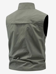 Men's khaki outdoor vest with stand collar and back yoke detail