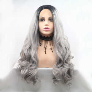 Voluminous lace front wig with black to silver ombre, long wavy style.