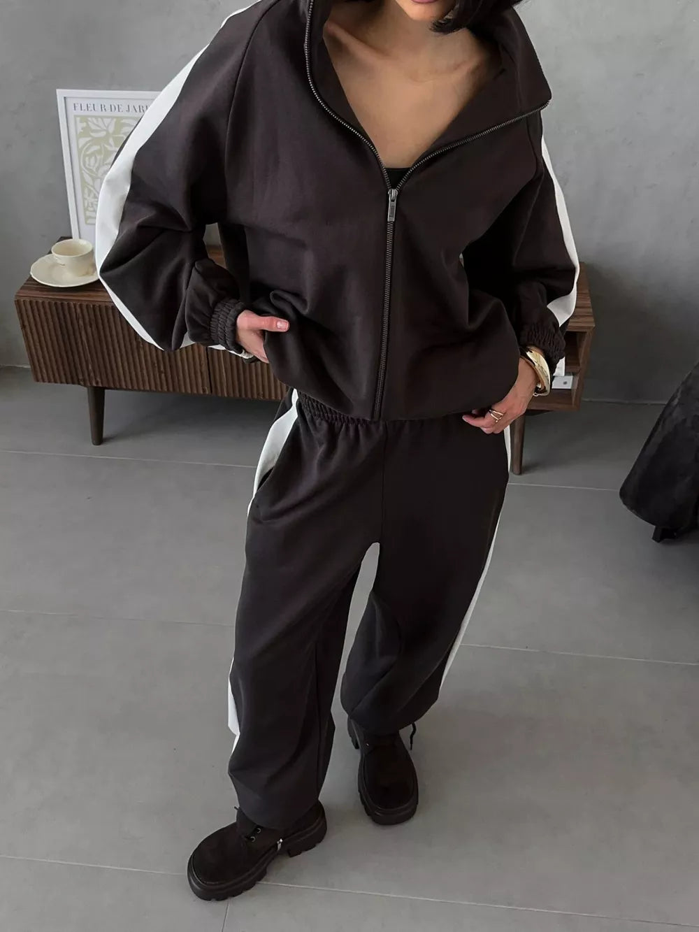 Zip Up Long Sleeve Outerwear And Pants Set in Brown, close-up detail