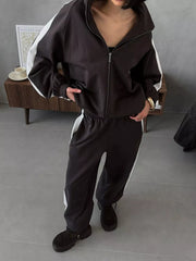 Zip Up Long Sleeve Outerwear And Pants Set in Brown, close-up detail