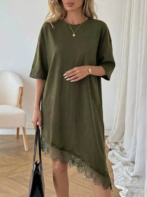 Army green asymmetrical t-shirt dress with lace trim hem.
