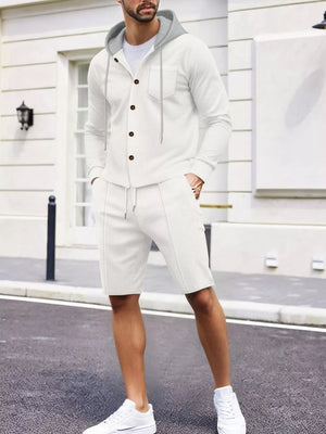 Men's Casual Hooded Button-up Shirt And Shorts Set, side view