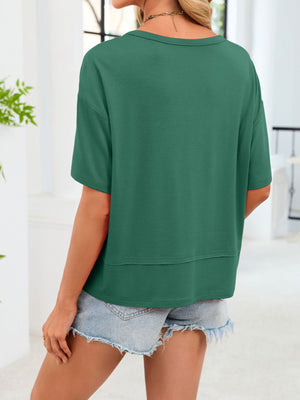 Relaxed fit dark green v-neck t-shirt with short sleeves and a layered hem detail.