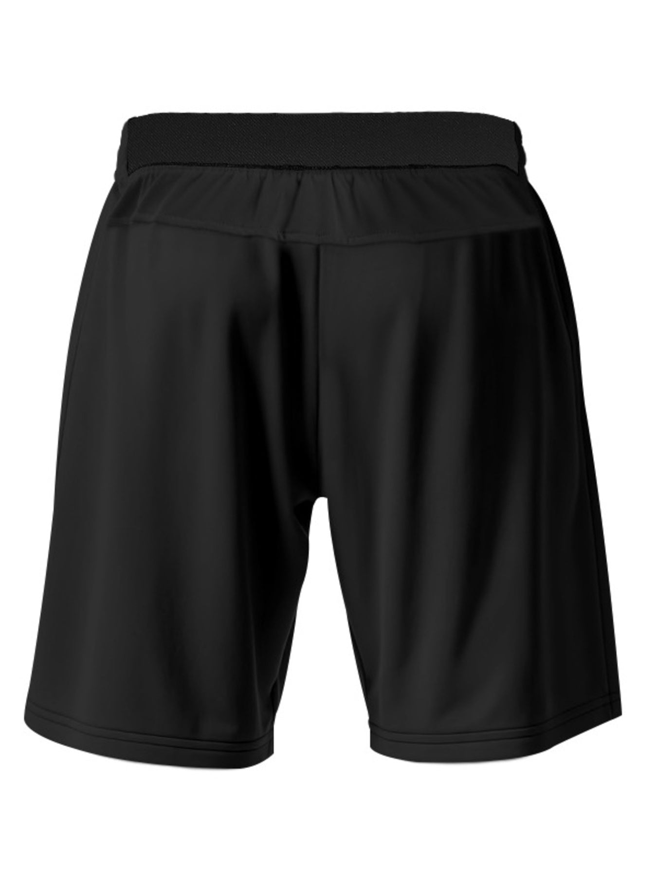 Black chino shorts with elastic drawstring waist and cuffed hem.