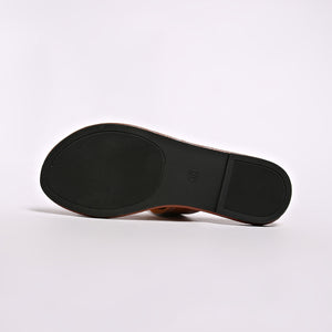 Brown PU leather slide sandals with buckled detail, sole view