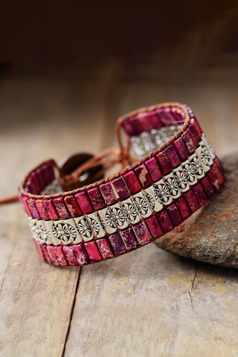 Hot Pink beaded bracelet with floral metal accents and leather cord