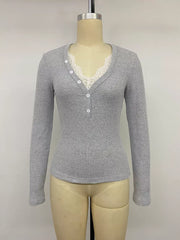 Ribbed Henley T-shirt With Lace Detail