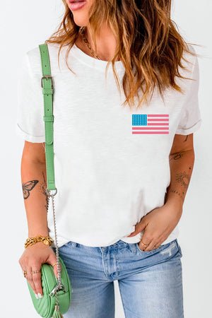 White cotton t-shirt with a small American flag graphic on the chest.