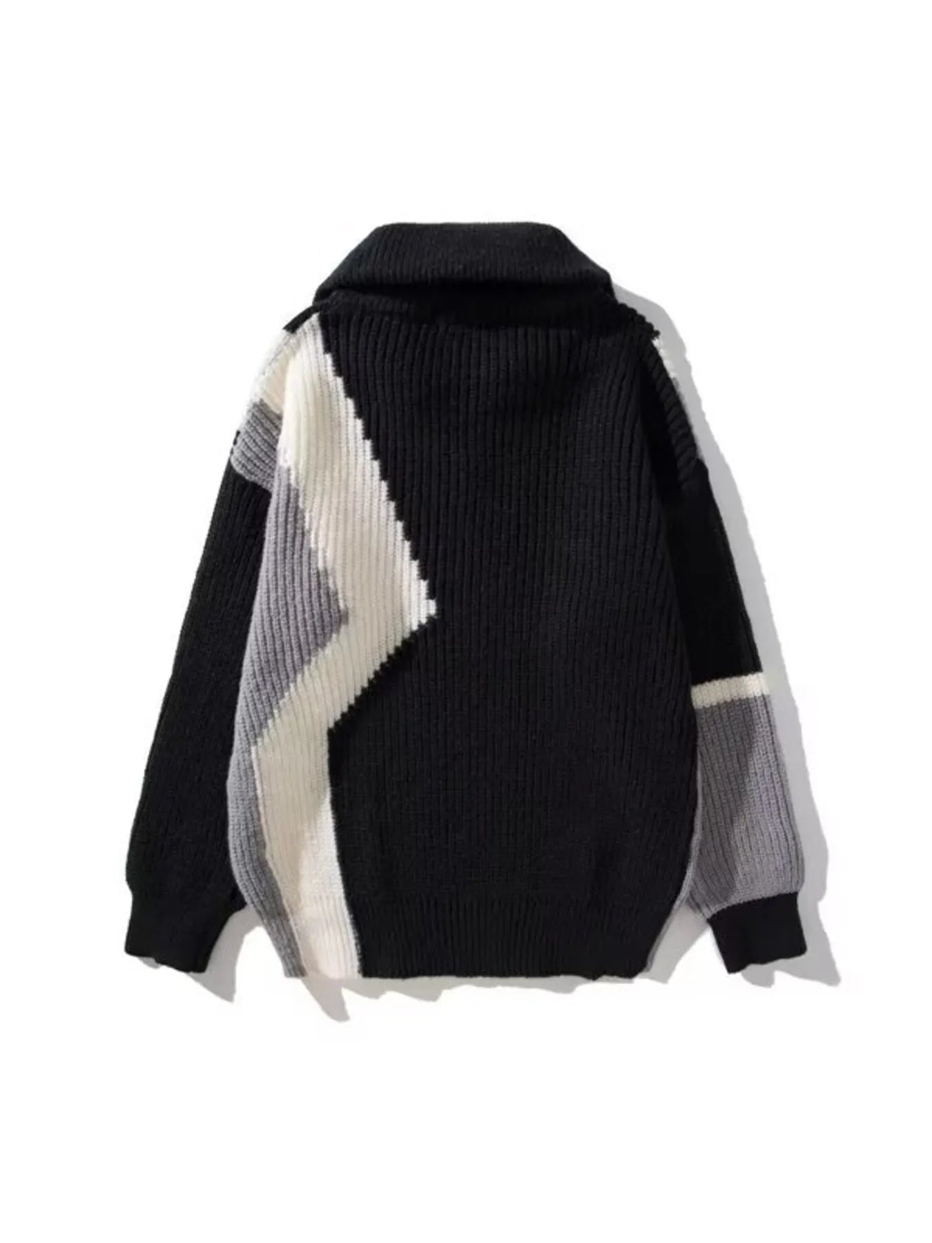 Plus-size black zip collar sweater with color block pattern in white and grey.