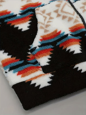 Black Aztec geo-print sherpa zip hoodie with colorful striped details.