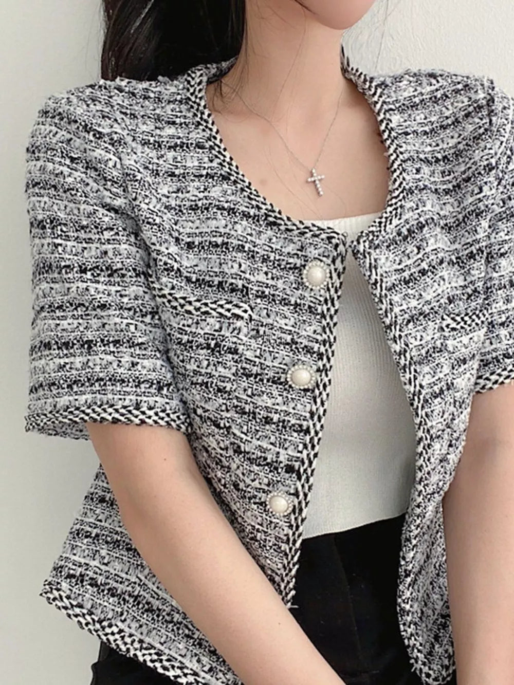 Pearl Button Short Sleeve Tweed Jacket, back view