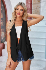 Black eyelet drape front vest with pockets and waterfall hem
