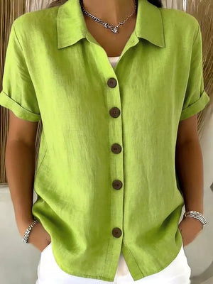 Full Size Button Up Short Sleeve Shirt in Army Green, editorial view