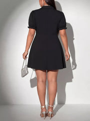 Black plus-size mini dress with puff sleeves, collared neckline, and A-line skirt.