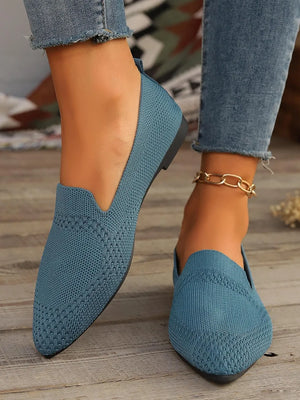 Mesh Muse Point Flats in French Blue, featuring a knit texture and pointed toe.