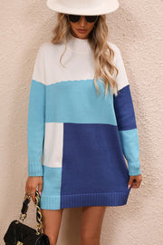 Geometric colorblock knit mini dress with mock neck and long sleeves in blue, white, and light blue.
