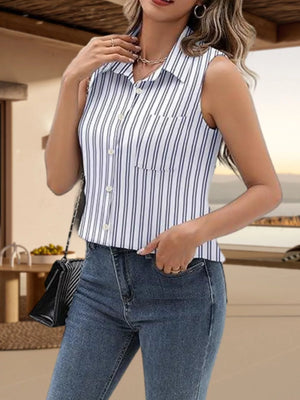 Sleeveless button-up blouse with vertical stripes and a chest pocket.
