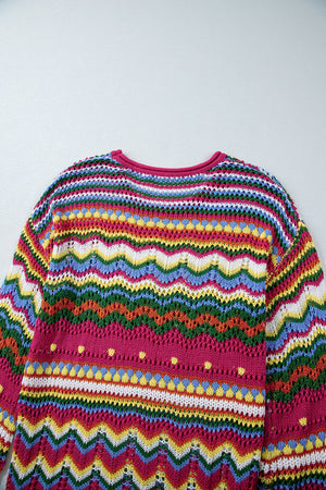 Multicolor crochet knit sweater with chevron stripes and open knit details.