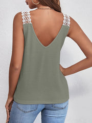 Sage waffle knit tank top with white lace shoulder detail and V-neck.