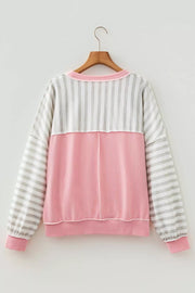 Twisted Rib Trim Striped Loose Pullover Sweatshirt, fit detail