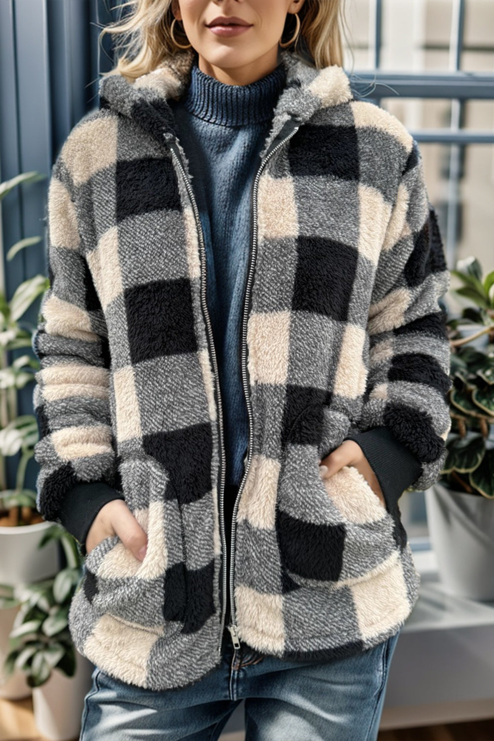 Sherpa zip-up jacket with buffalo check pattern in black and cream, featuring a hood and pockets.