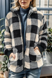 Sherpa zip-up jacket with buffalo check pattern in black and cream, featuring a hood and pockets.