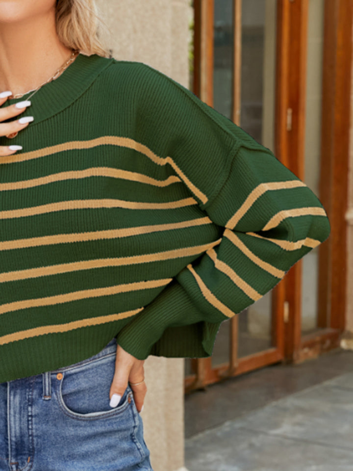 Cropped knit sweater in Army Green with tan stripes, balloon sleeves, and crew neck.
