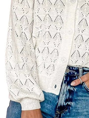 V-neck Openwork Button-down Knit Cardigan in White, view 12