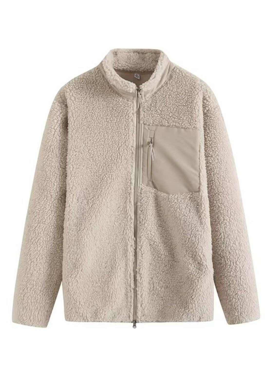 Beige sherpa zip-up jacket with a contrasting patch pocket and stand-up collar.