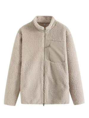 Beige sherpa zip-up jacket with a contrasting patch pocket and stand-up collar.