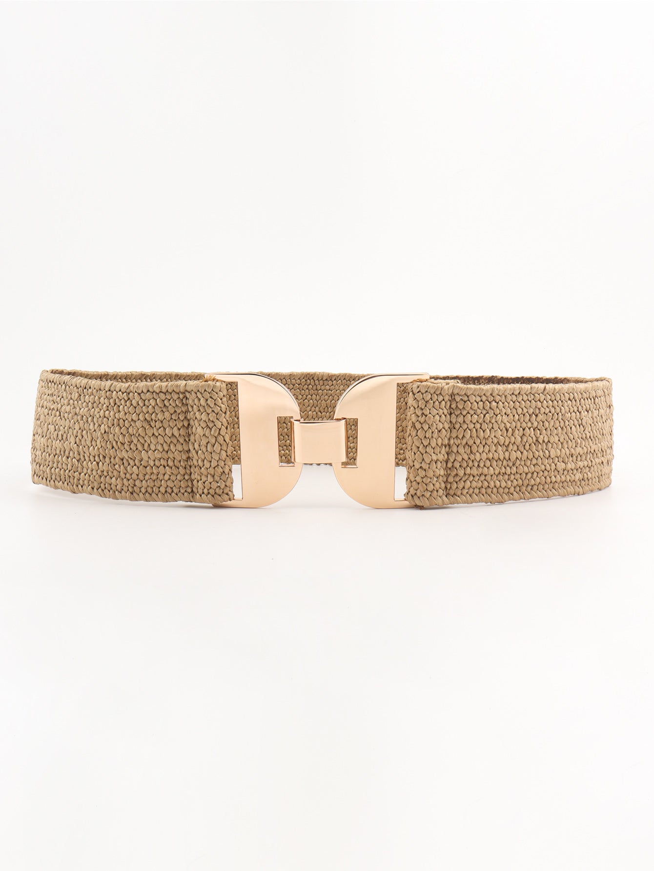Khaki textured raffia belt with gold-tone double buckle detail