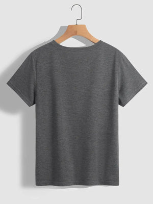 Dark gray t-shirt with a crew neck and short sleeves.