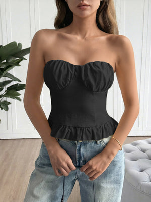 Black strapless tube top with ruffled hem and bust detail