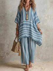 Bohemian Stripe Top And Pants Set in Blue, close-up detail