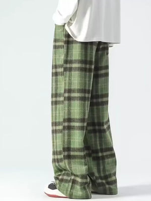 Green plaid wide-leg sweatpants with a comfortable fit.