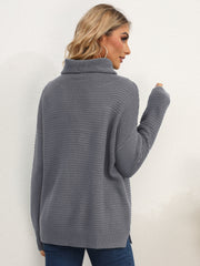 Dark Gray textured knit oversized turtleneck pullover sweater with ribbed details.